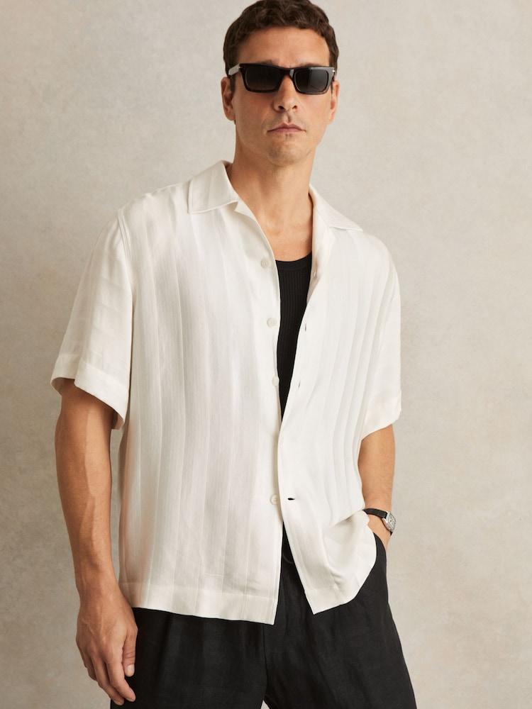 reiss Jacquard Stripe Cuban Collar Shirt in White