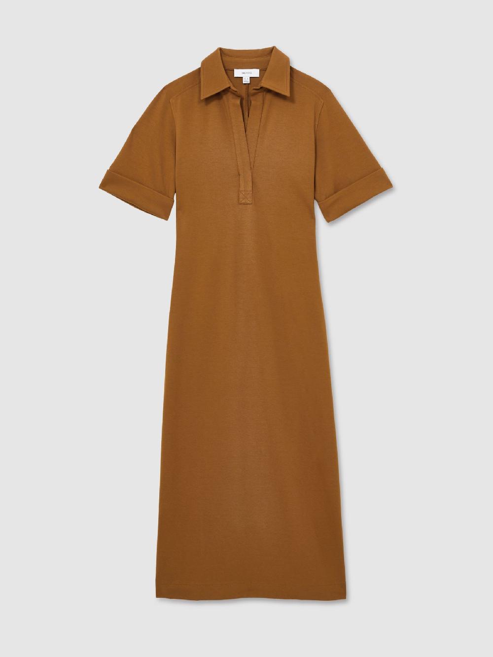 Reiss Jersey Open-Collar Bodycon Dress In Mustard