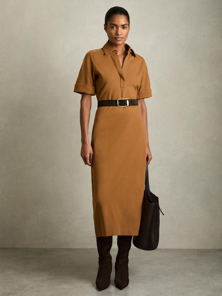 reiss Jersey Open-Collar Bodycon Dress in Mustard