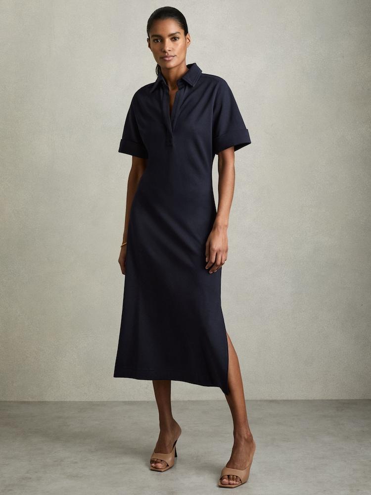reiss Jersey Open-Collar Bodycon Dress in Navy