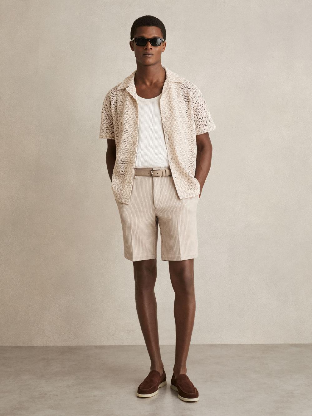 Reiss Jersey Pinstripe Shorts In Oatmeal/White
