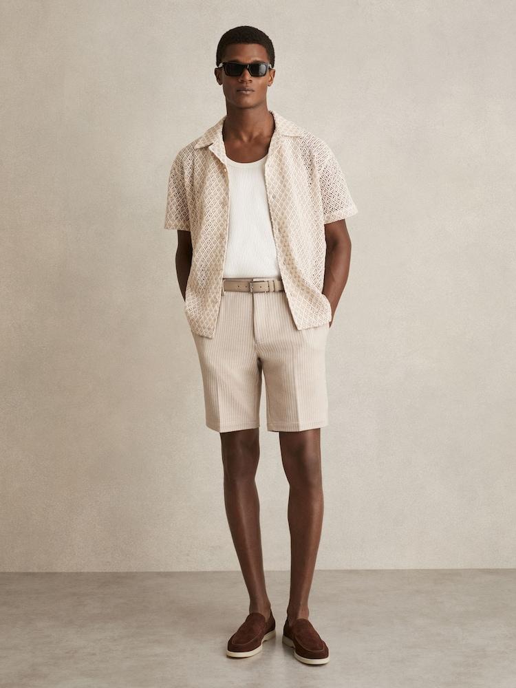 reiss Jersey Pinstripe Shorts in Oatmeal/White
