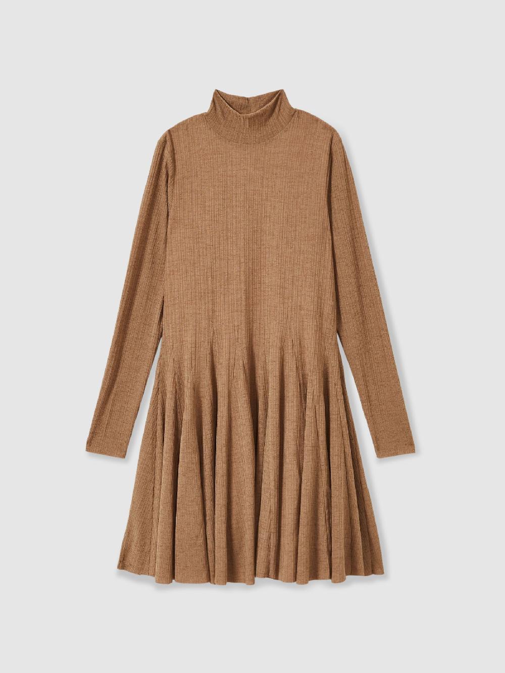 Reiss Jersey Ribbed Flared Mini Dress In Camel