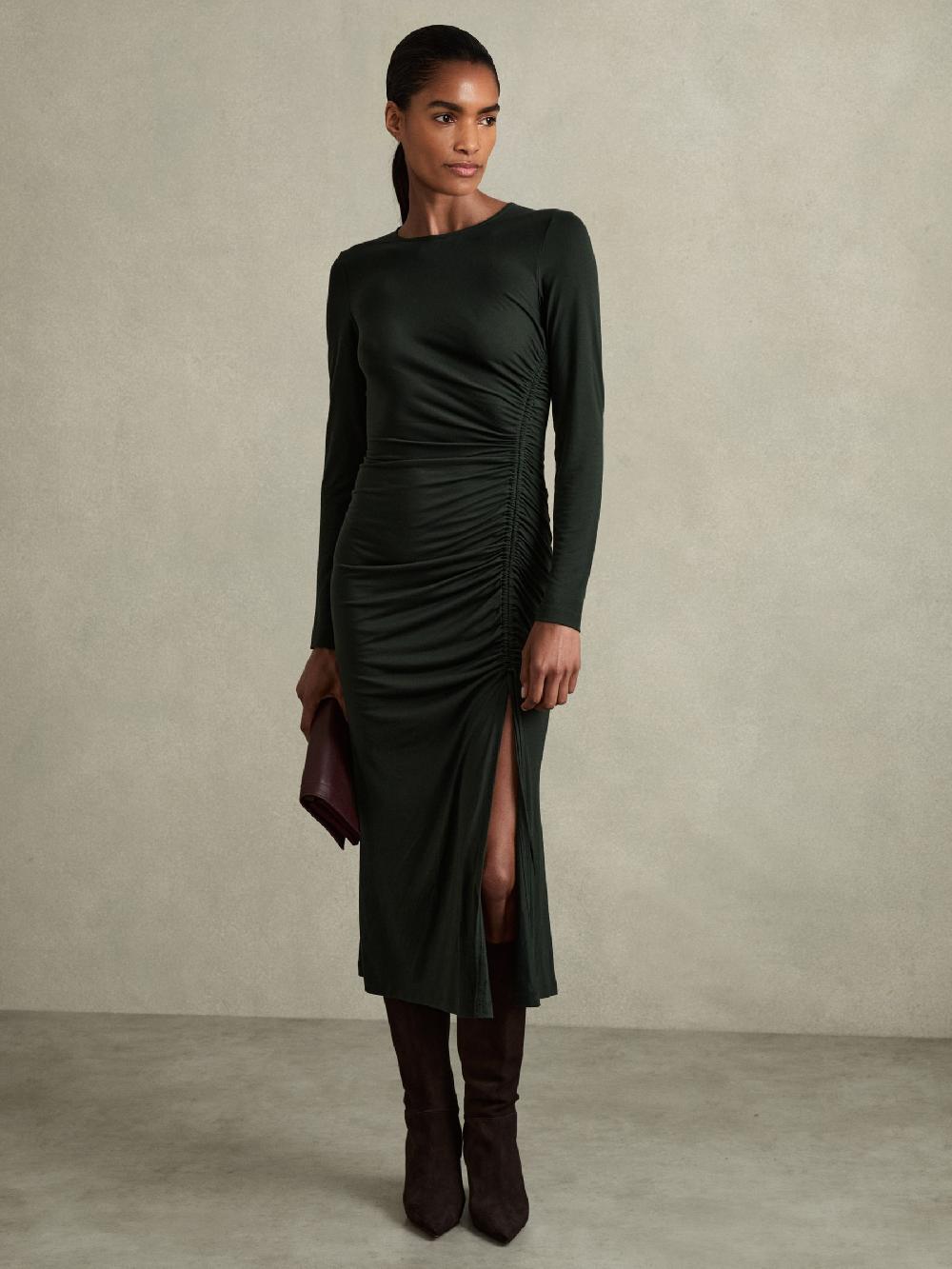 Reiss Jersey Ruched Midi Dress In Dark Green