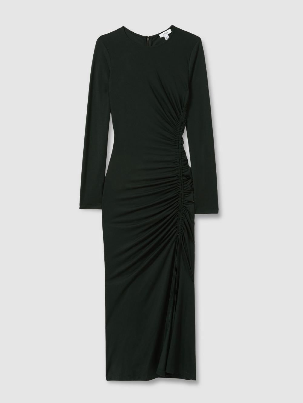 Reiss Jersey Ruched Midi Dress In Dark Green