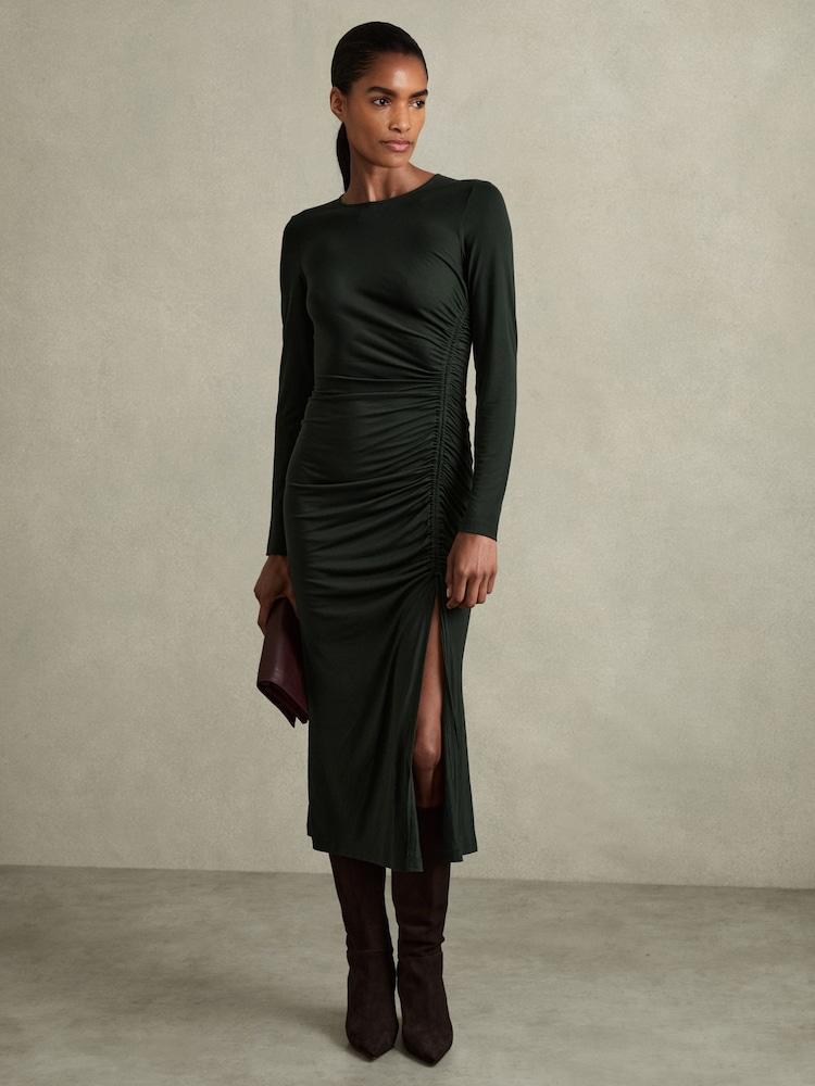 reiss Jersey Ruched Midi Dress in Dark Green