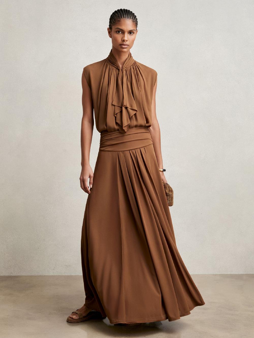 Reiss Jersey Ruched-Waist Maxi Skirt In Tan Brown