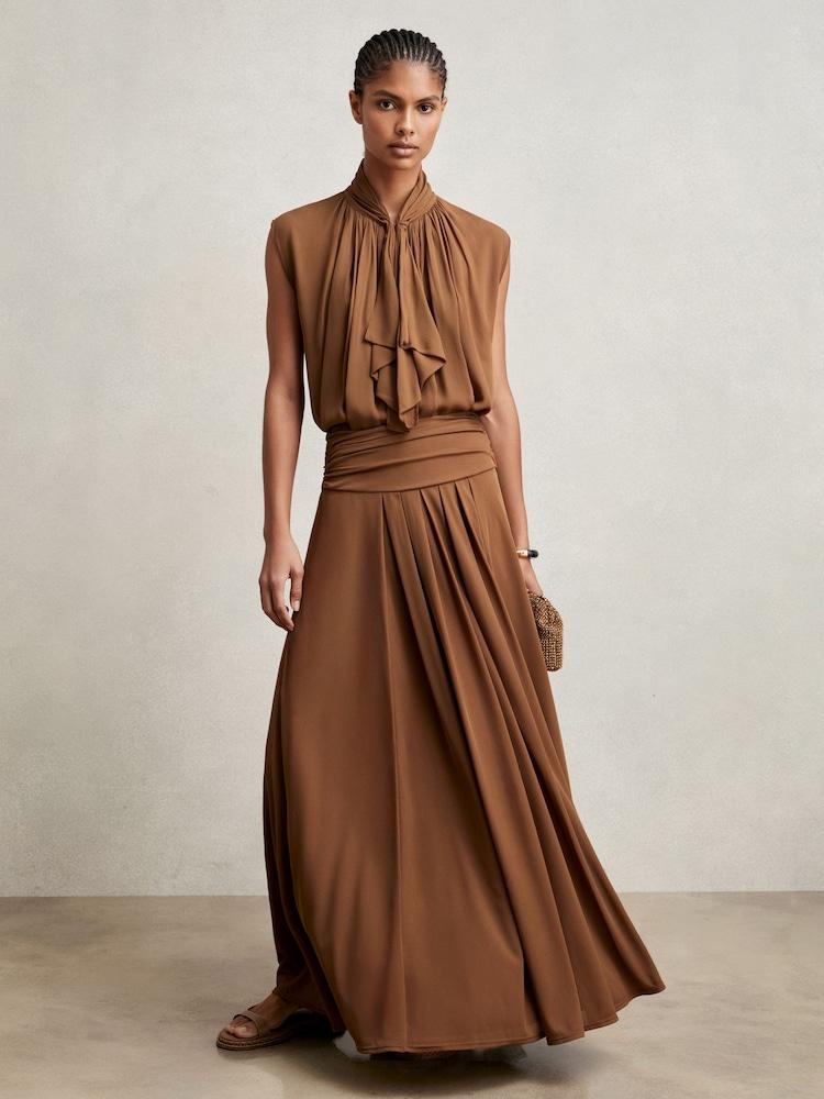 reiss Jersey Ruched-Waist Maxi Skirt in Tan Brown