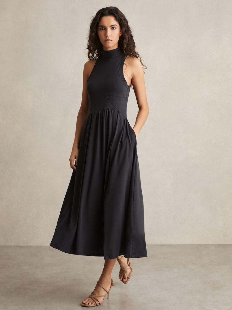 reiss Jersey Sleeveless Midi Dress in Navy