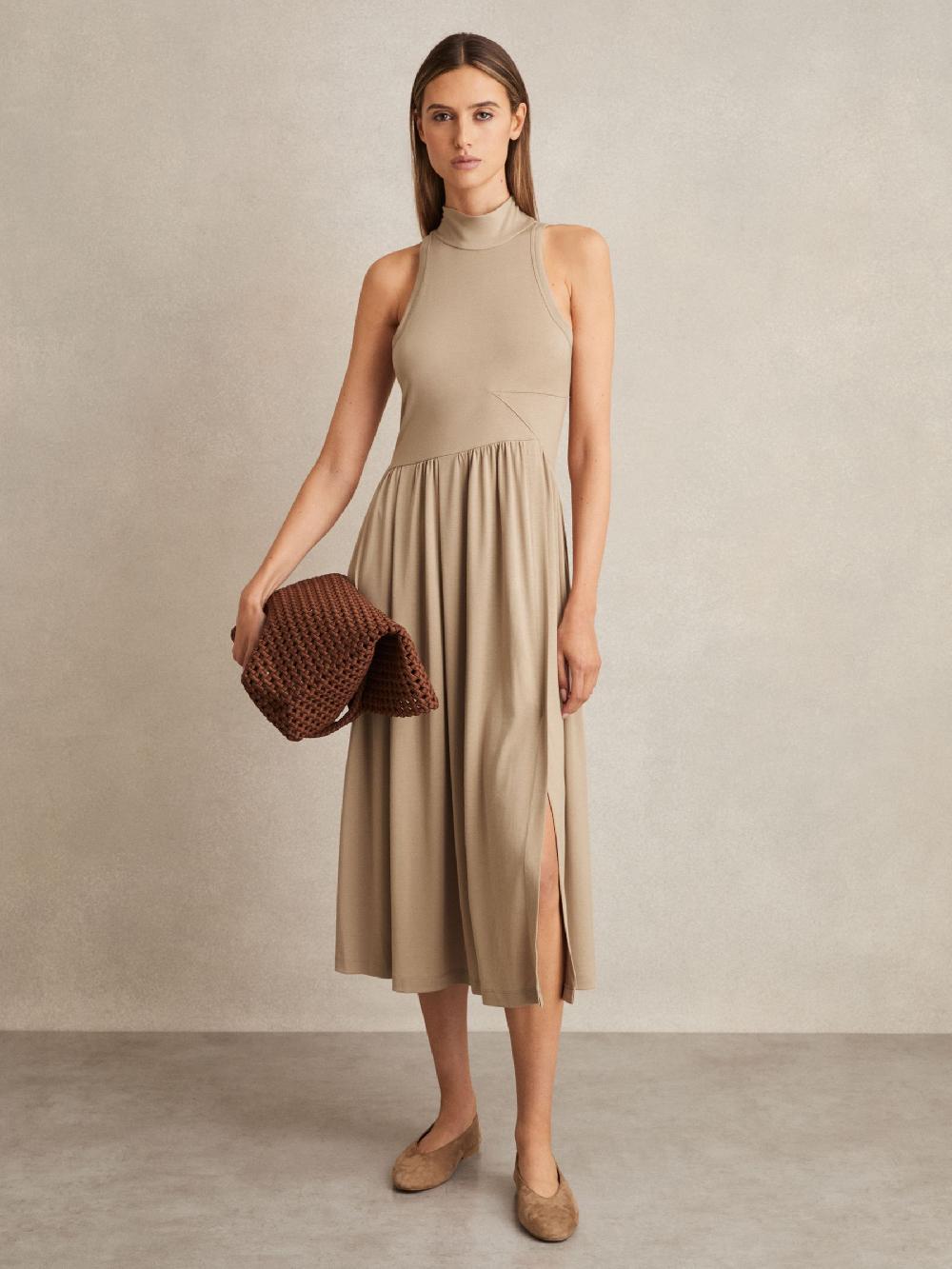 Reiss Jersey Sleeveless Midi Dress In Neutral