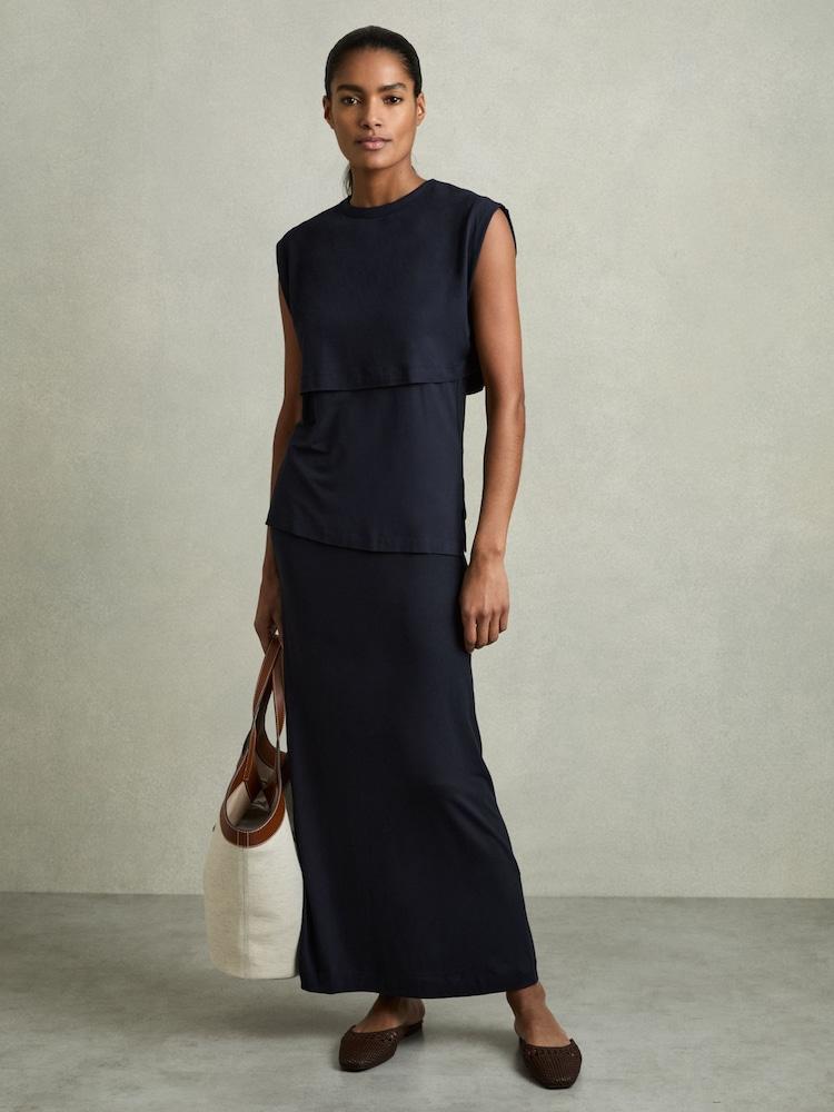 reiss Jersey Straight Maxi Skirt in Navy