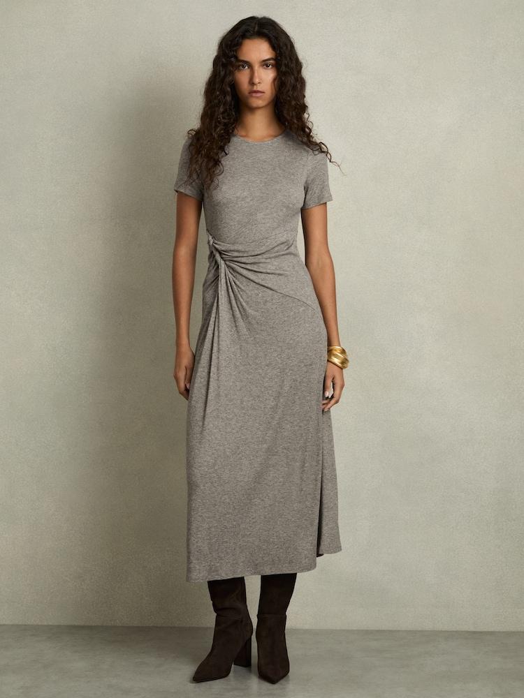 reiss Jersey Twist-Detail Midi Dress in Grey