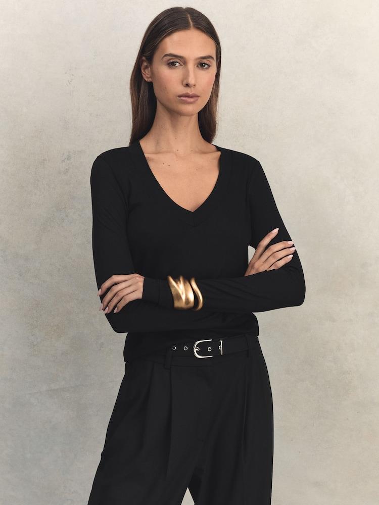 reiss Jersey V-Neck Top in Black