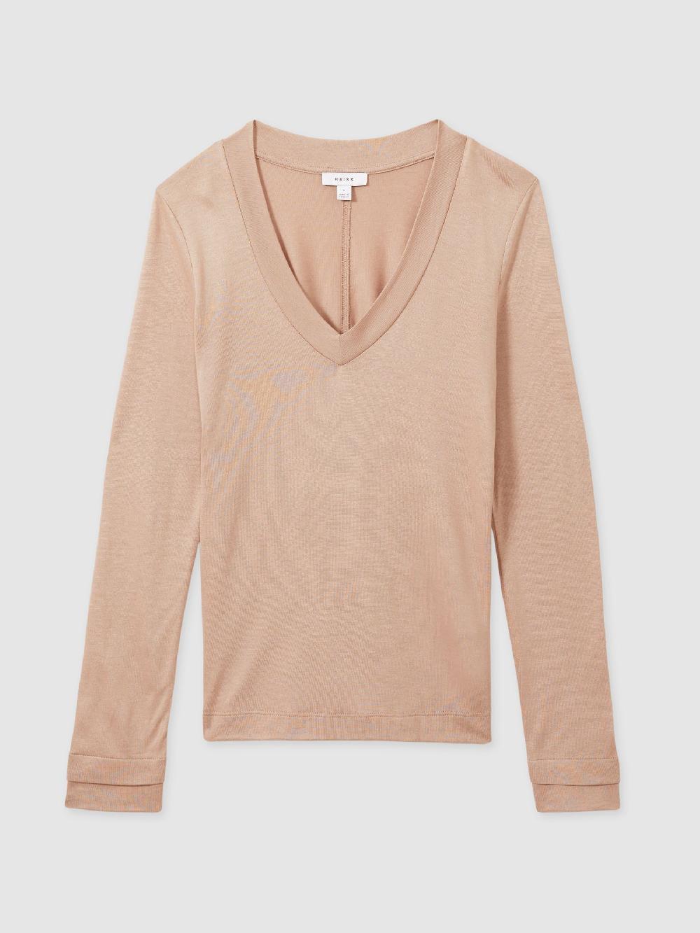 Reiss Jersey V-Neck Top In Camel
