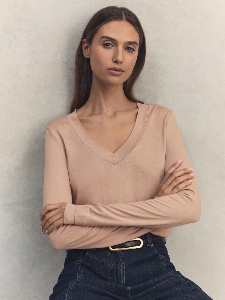 reiss Jersey V-Neck Top in Camel