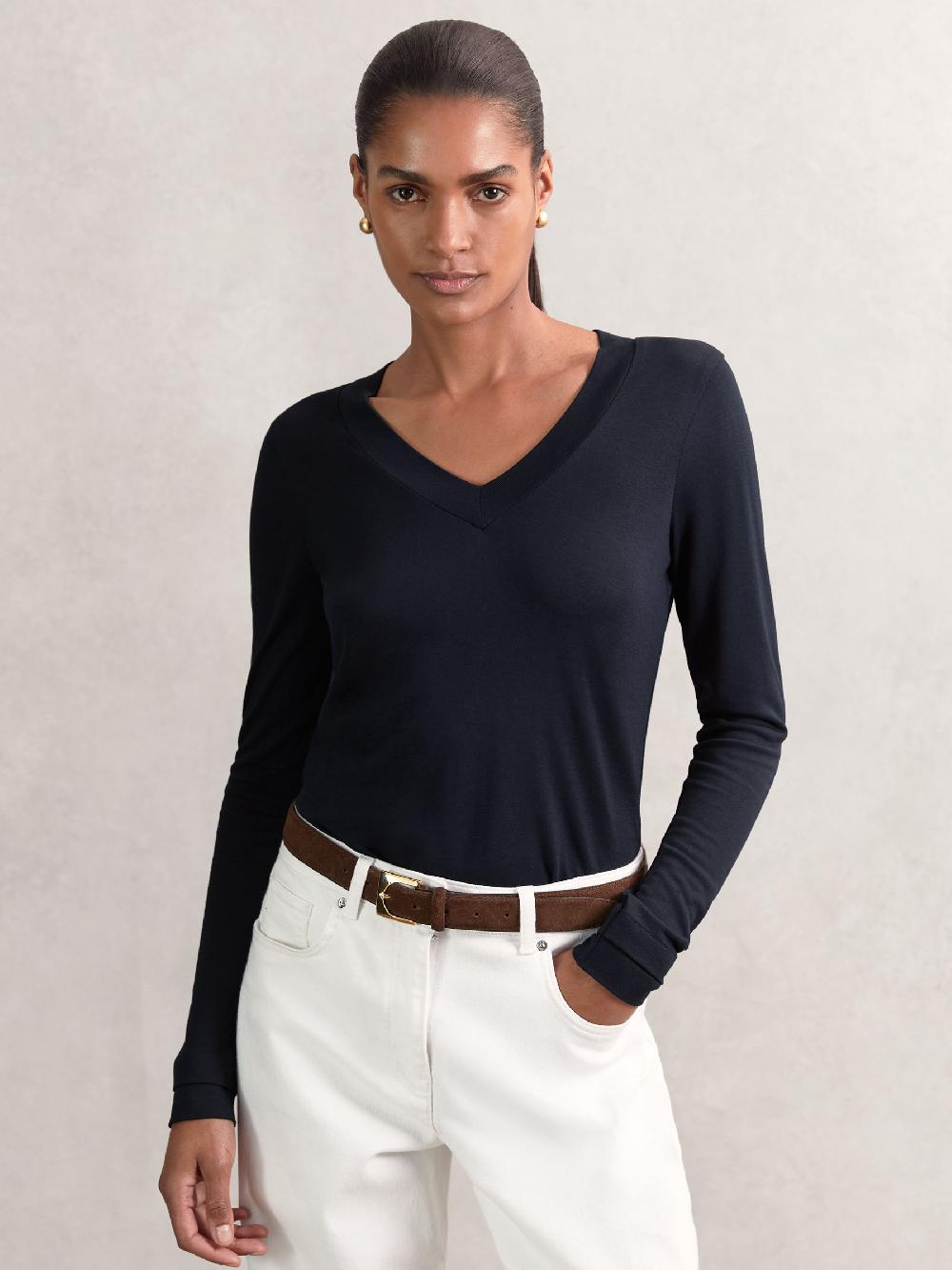 Reiss Jersey V-Neck Top In Navy
