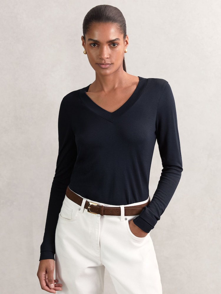 reiss Jersey V-Neck Top in Navy