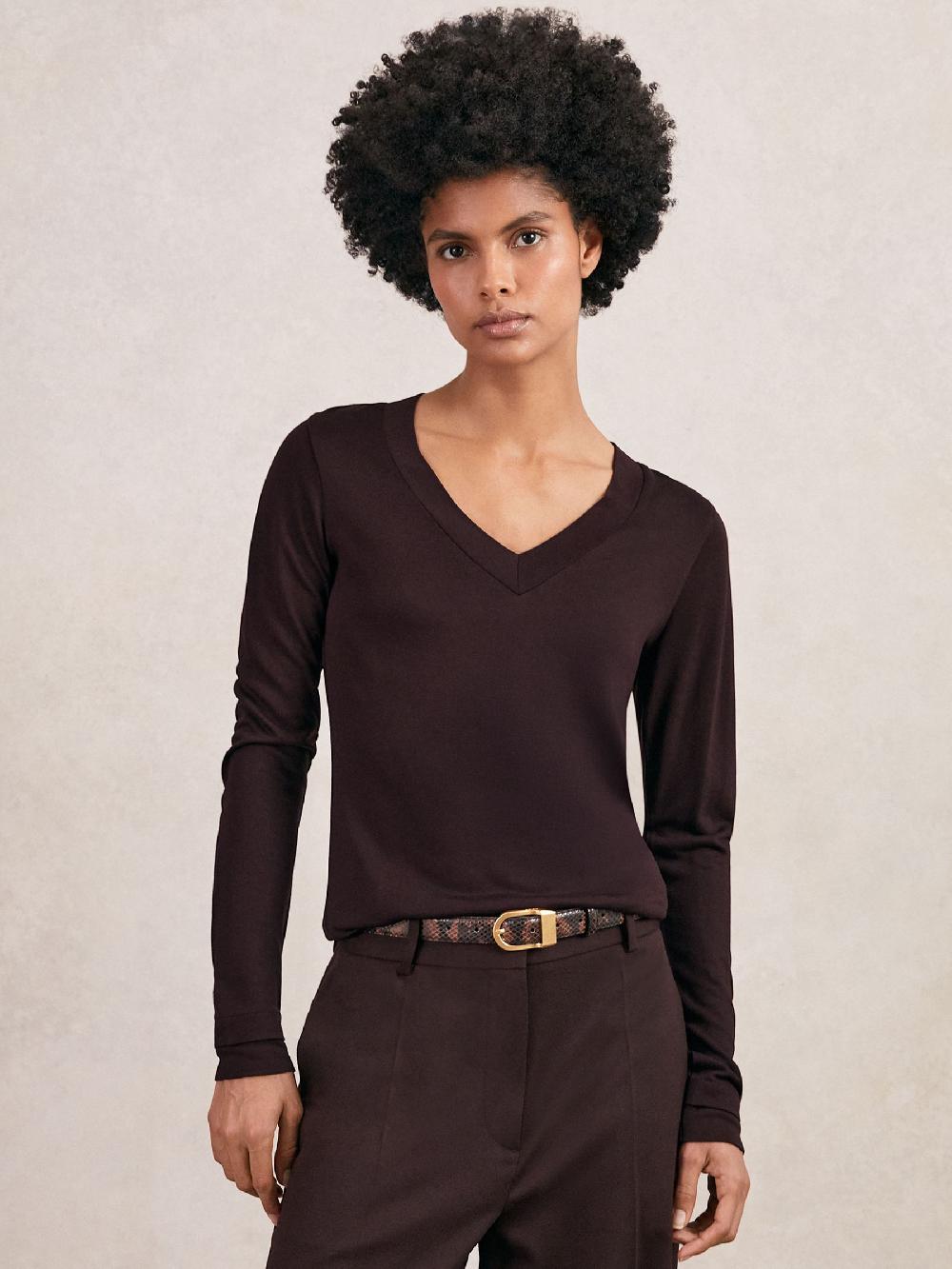 Reiss Jersey V-Neck Top In Plum