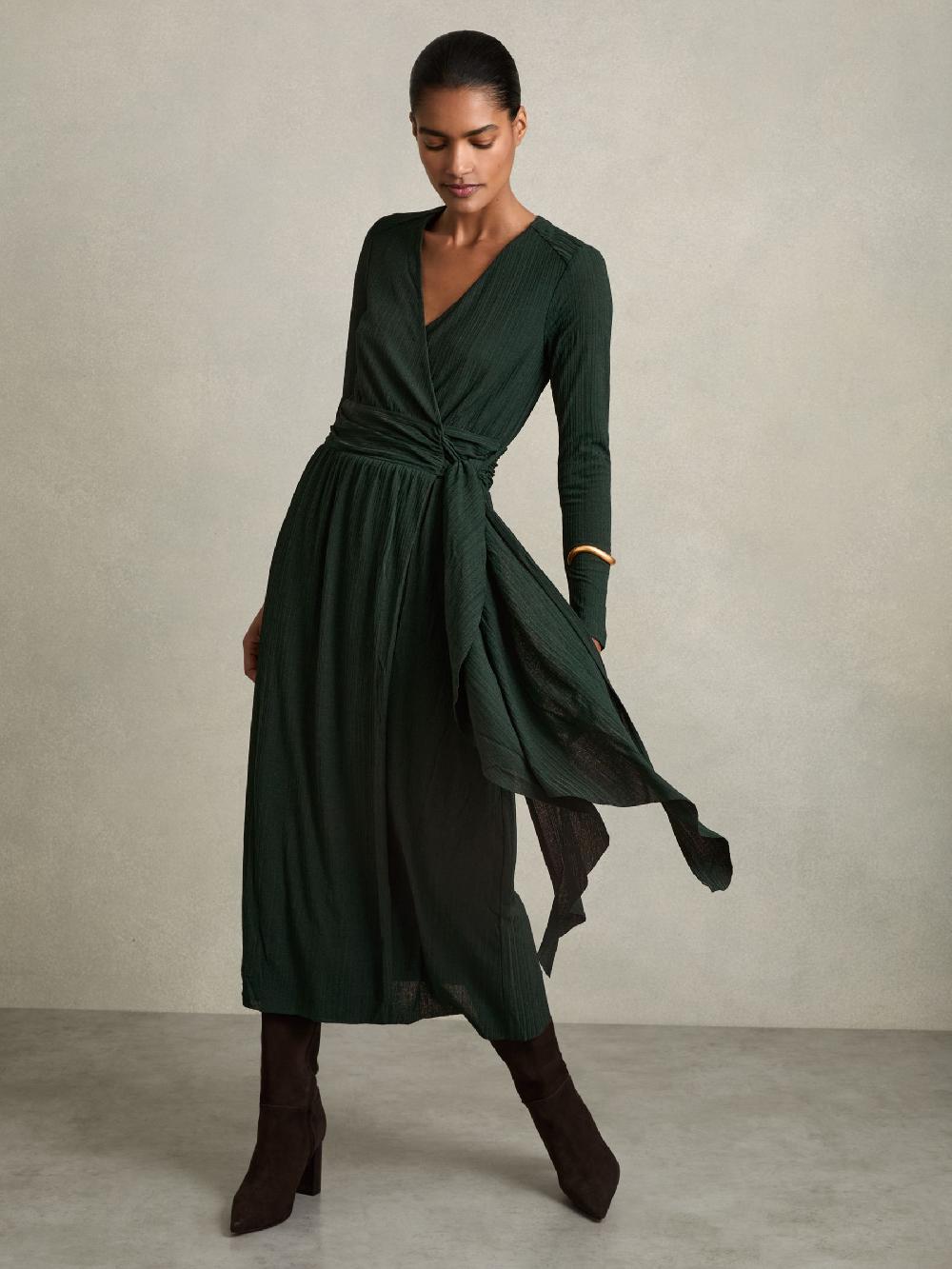 Reiss Jersey Wrap-Tie Midi Dress In Green