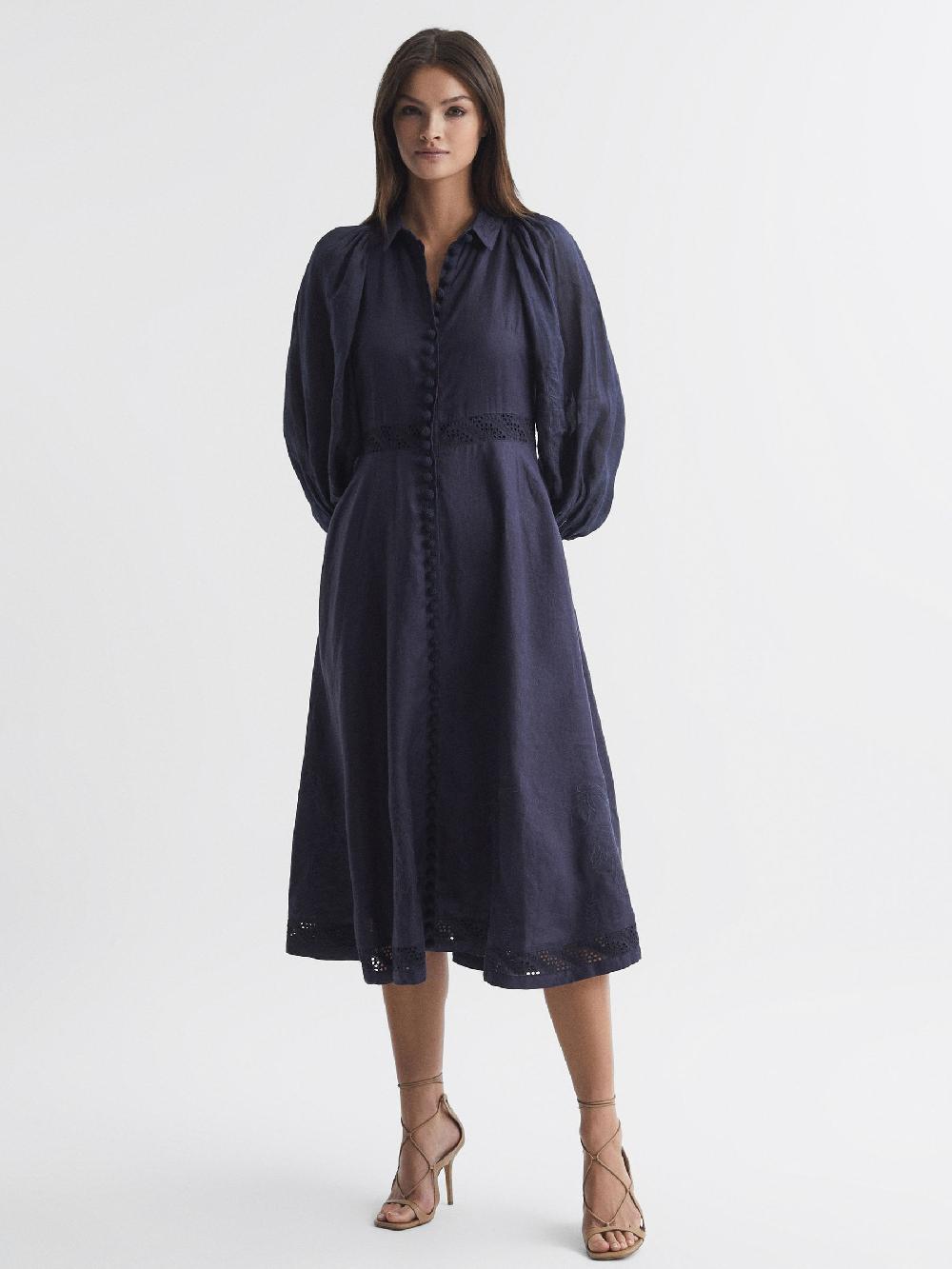 Reiss Joslin Linen Shirt Midi Dress In Navy