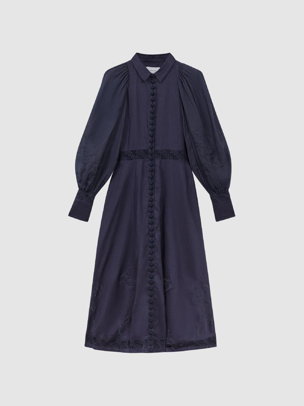 Reiss Joslin Linen Shirt Midi Dress In Navy