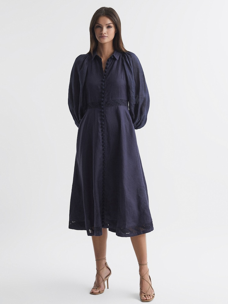 reiss Joslin Linen Shirt Midi Dress in Navy