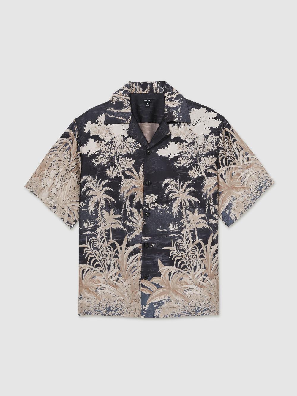 Reiss Jungle Print Cuban-Collar Shirt In Black