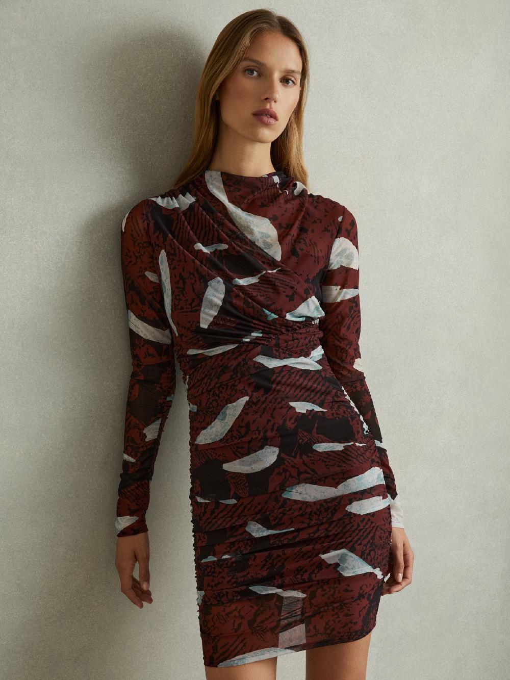 Reiss Kallie Burgundy Printed Ruched Mini Dress