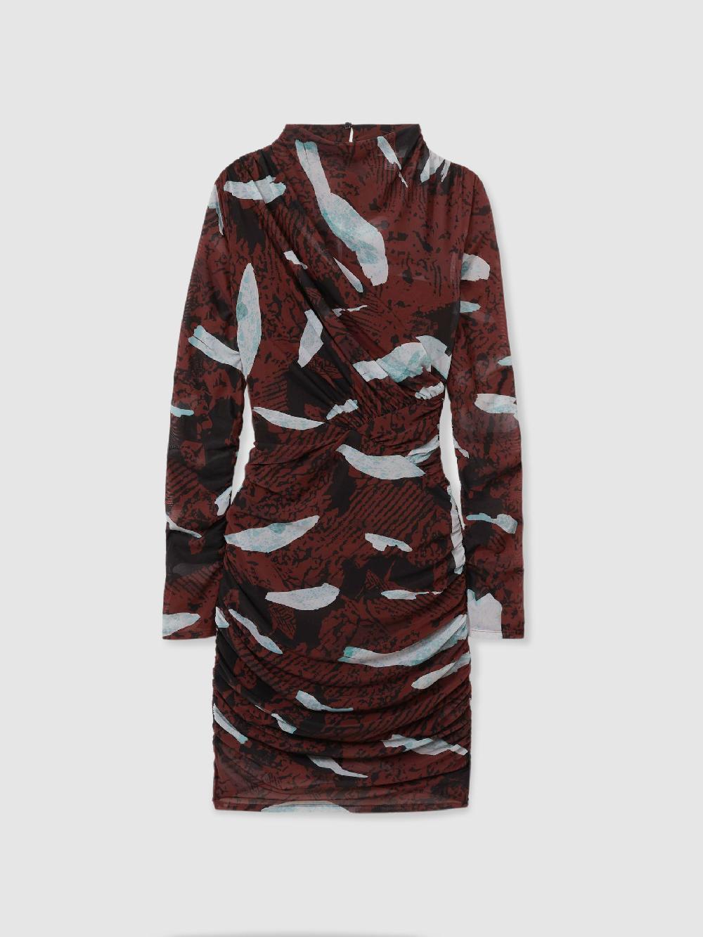 Reiss Kallie Burgundy Printed Ruched Mini Dress