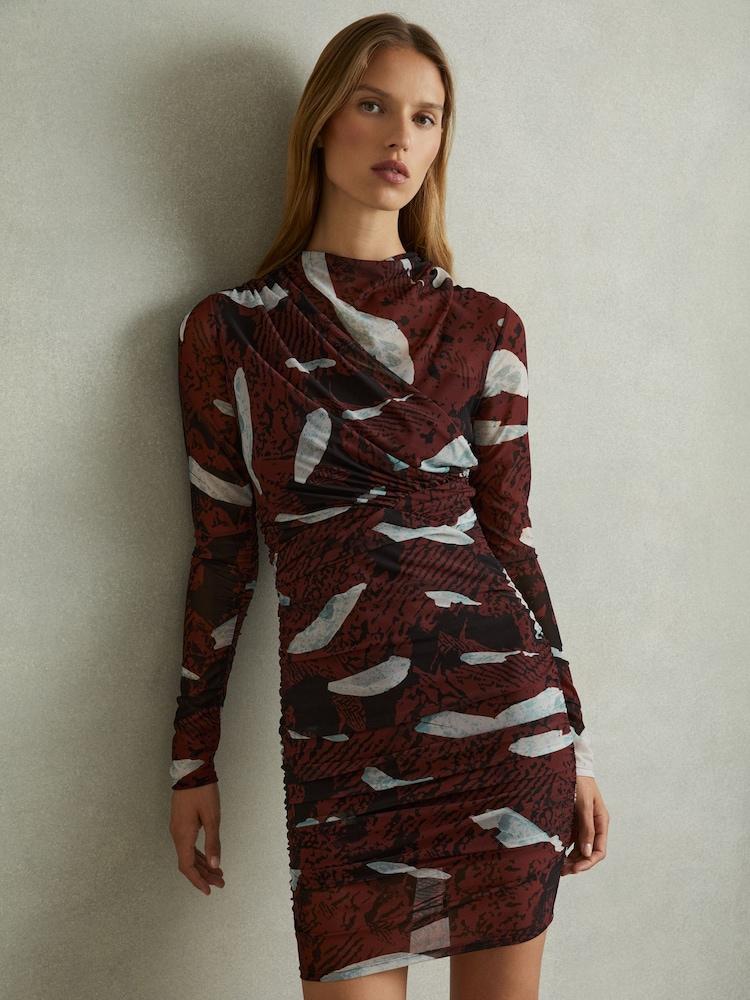 reiss Kallie Burgundy Printed Ruched Mini Dress
