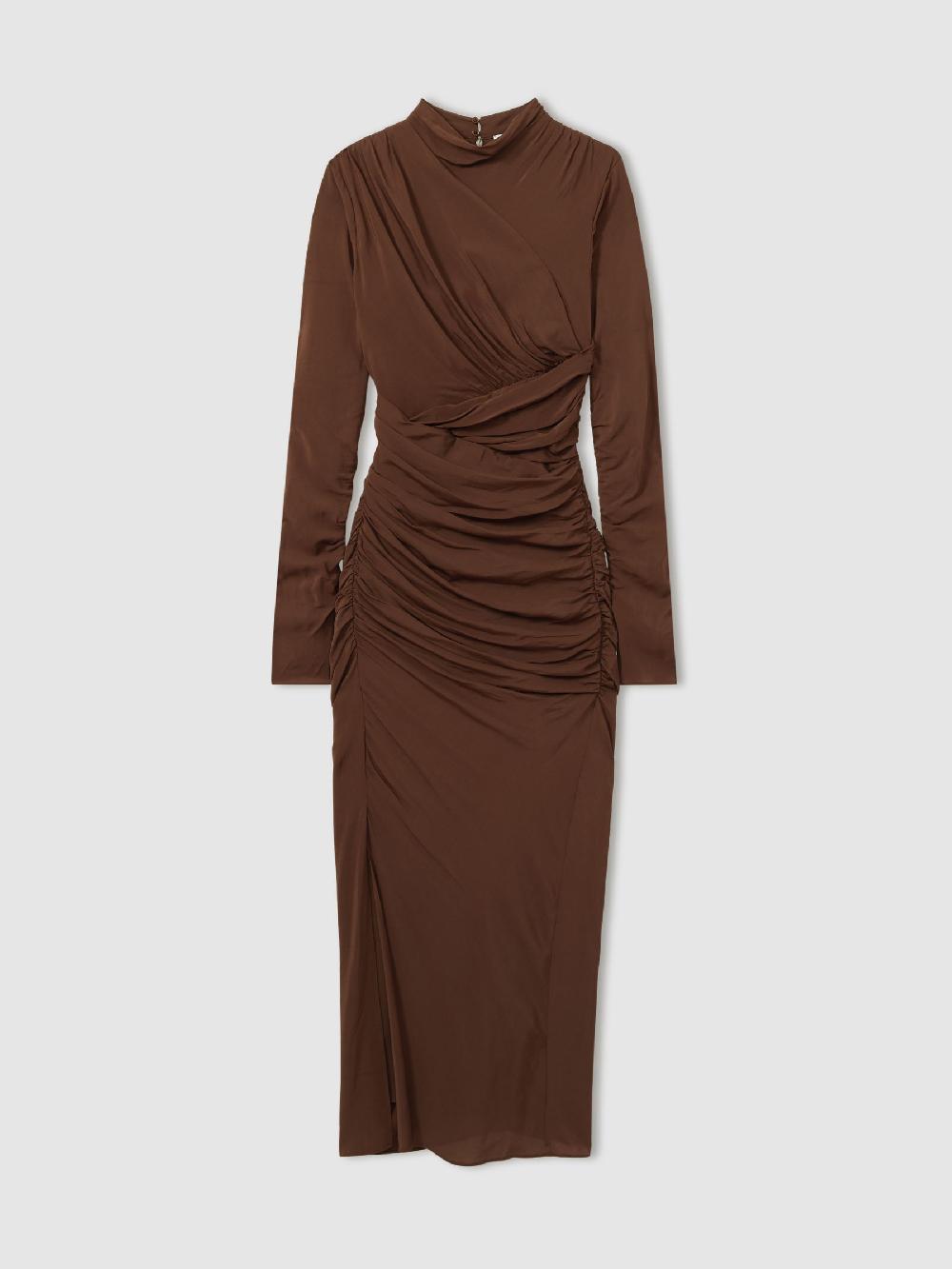Reiss Kelly Chocolate Jersey Ruched Midi Dress