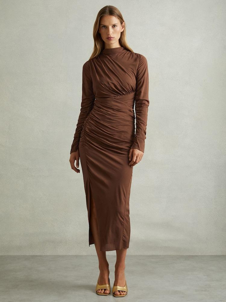 reiss Kelly Chocolate Jersey Ruched Midi Dress