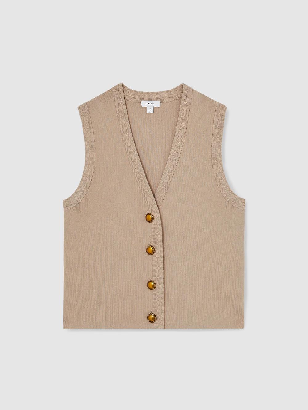 Reiss Knitted Button Through Vest In Neutral
