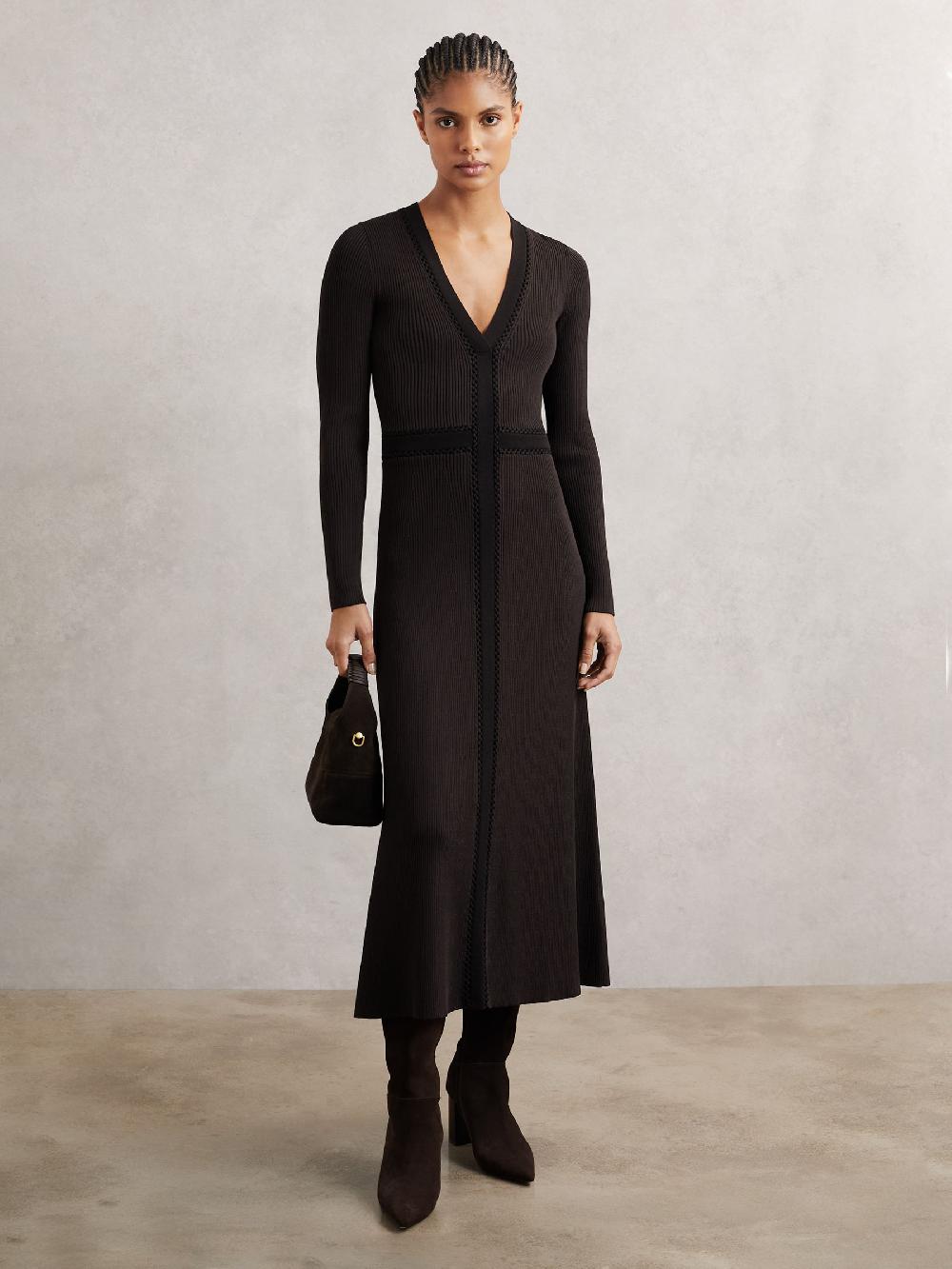 Reiss Knitted Dress In Chocolate Brown/Black