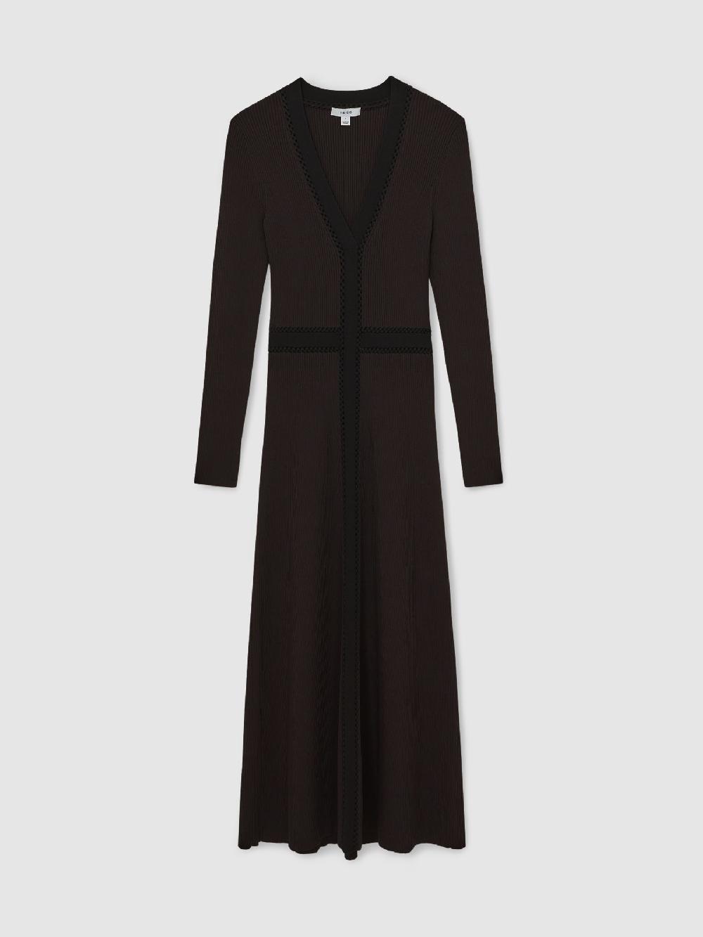 Reiss Knitted Dress In Chocolate Brown/Black