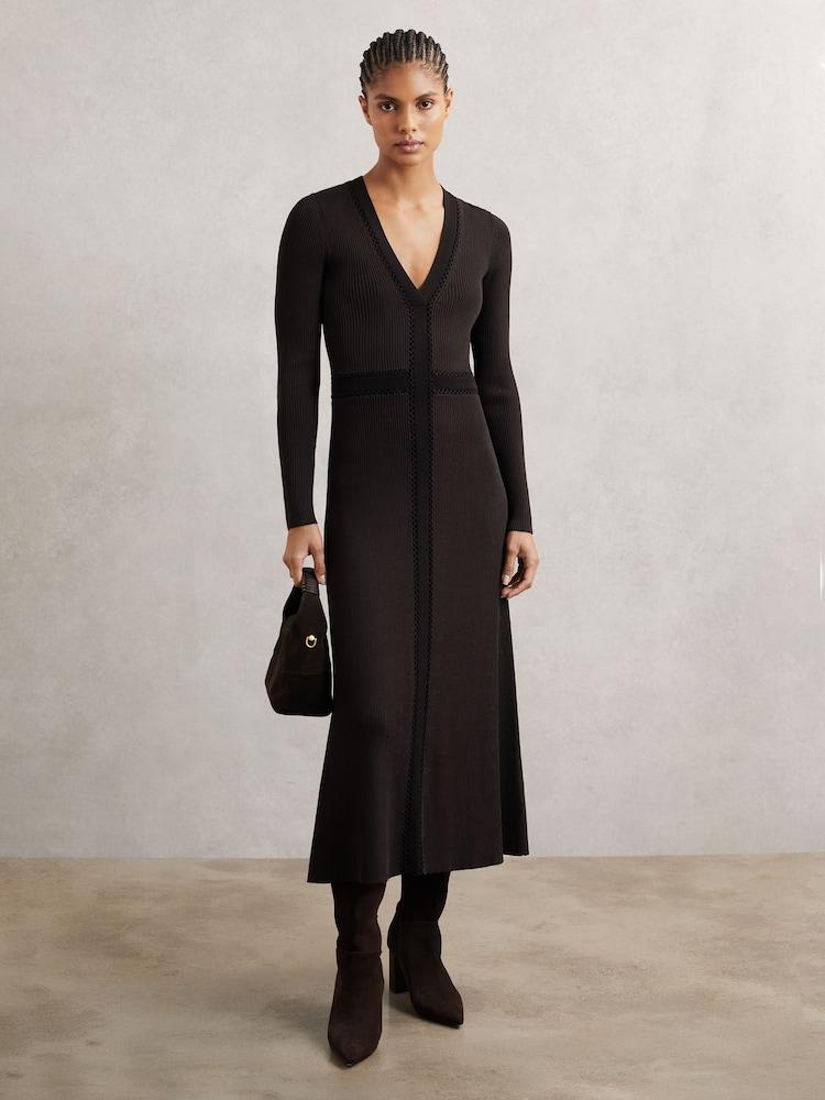 reiss Knitted Dress in Chocolate Brown/Black
