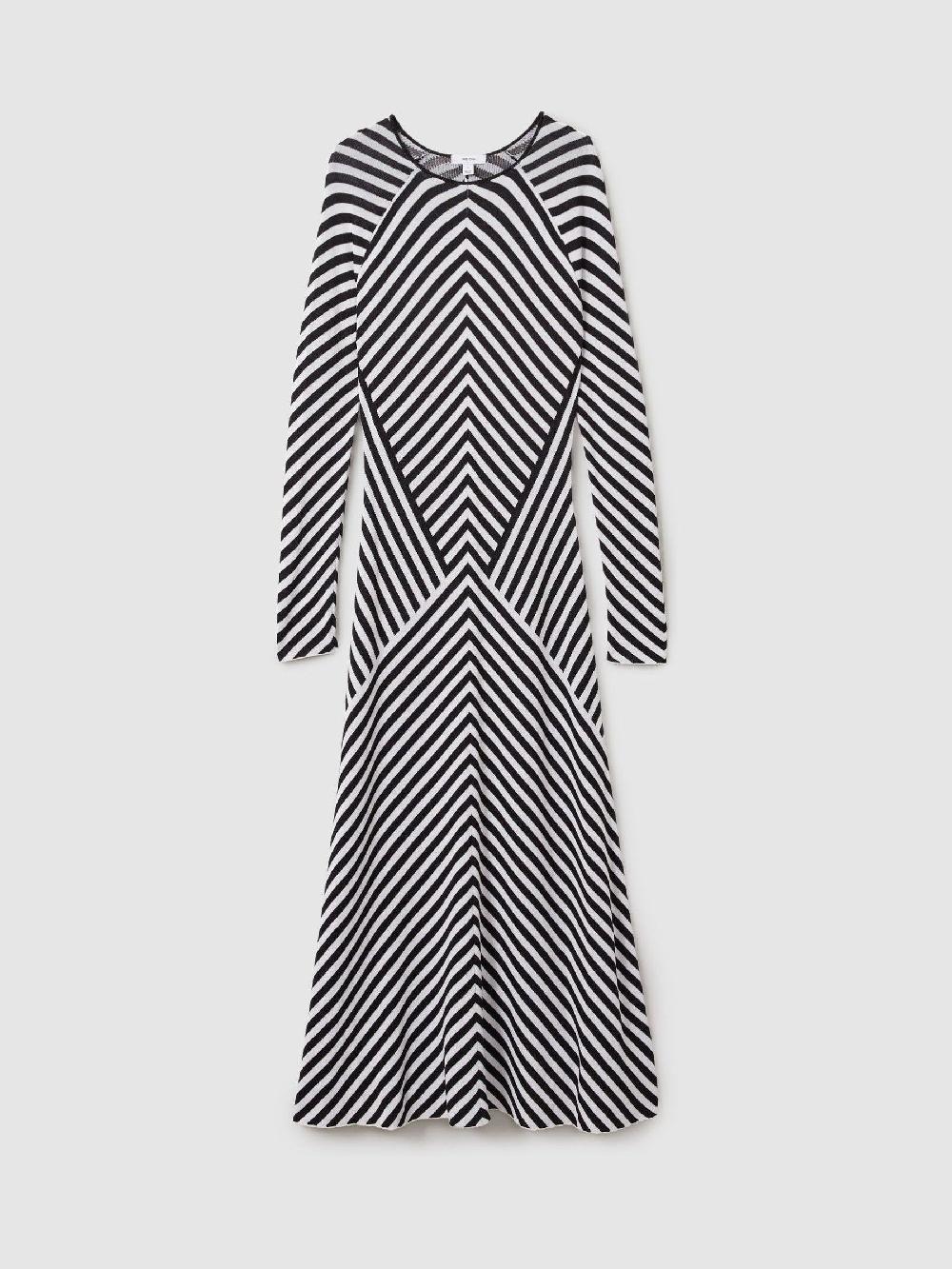 Reiss Knitted Striped Midi Dress In Black/Ivory