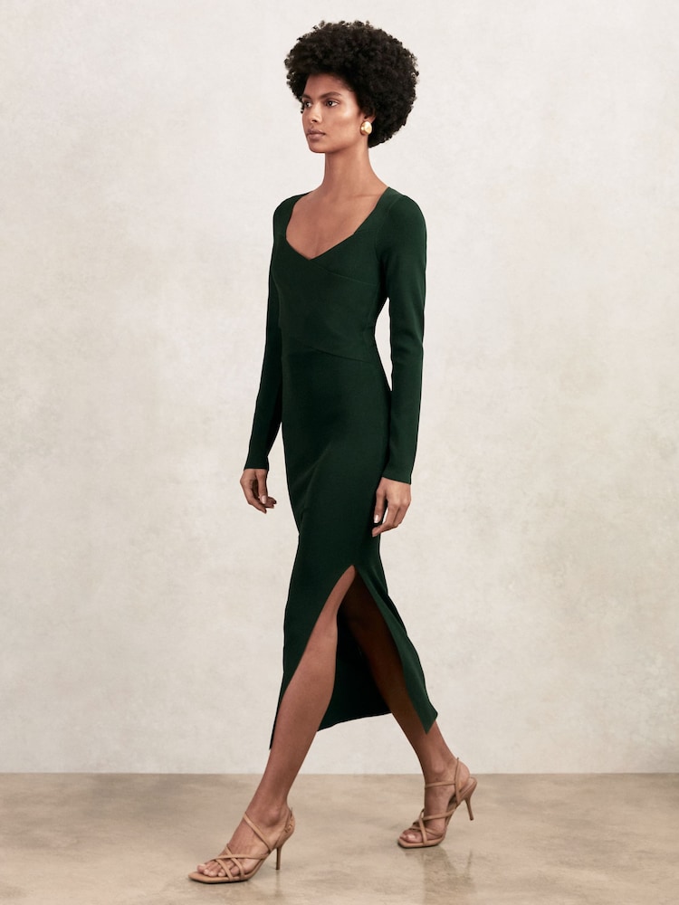 reiss Knitted Wrap-Front Midi Dress in Green