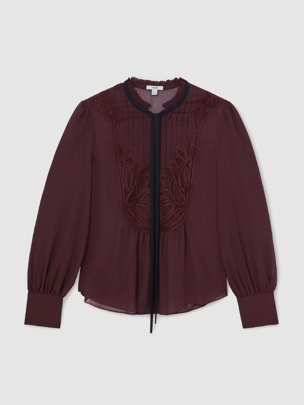 Reiss Lace-Embroidered Tie-Neck Shirt In Burgundy