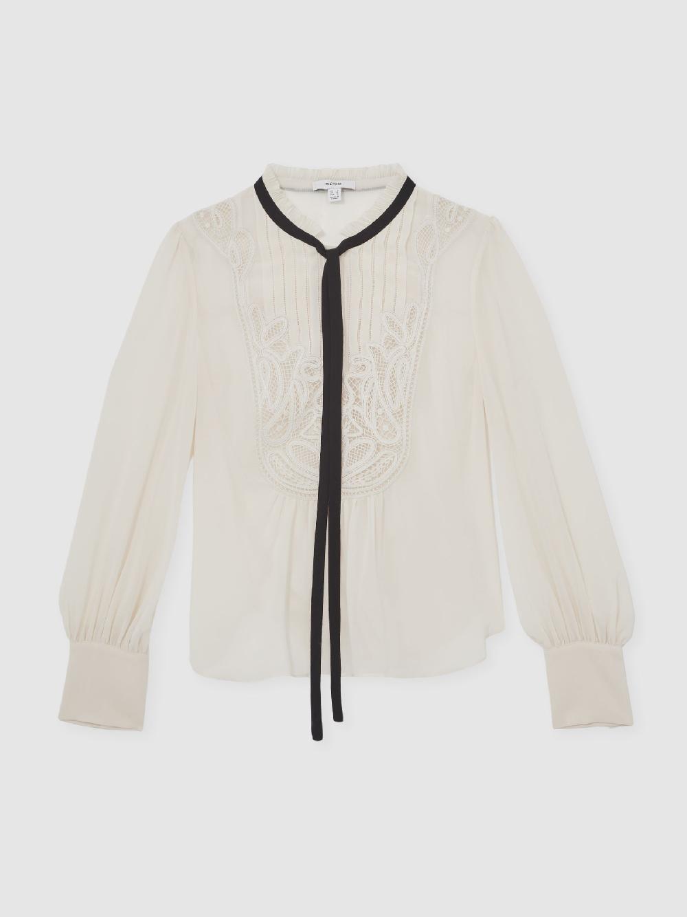Reiss Lace-Embroidered Tie-Neck Shirt In Cream