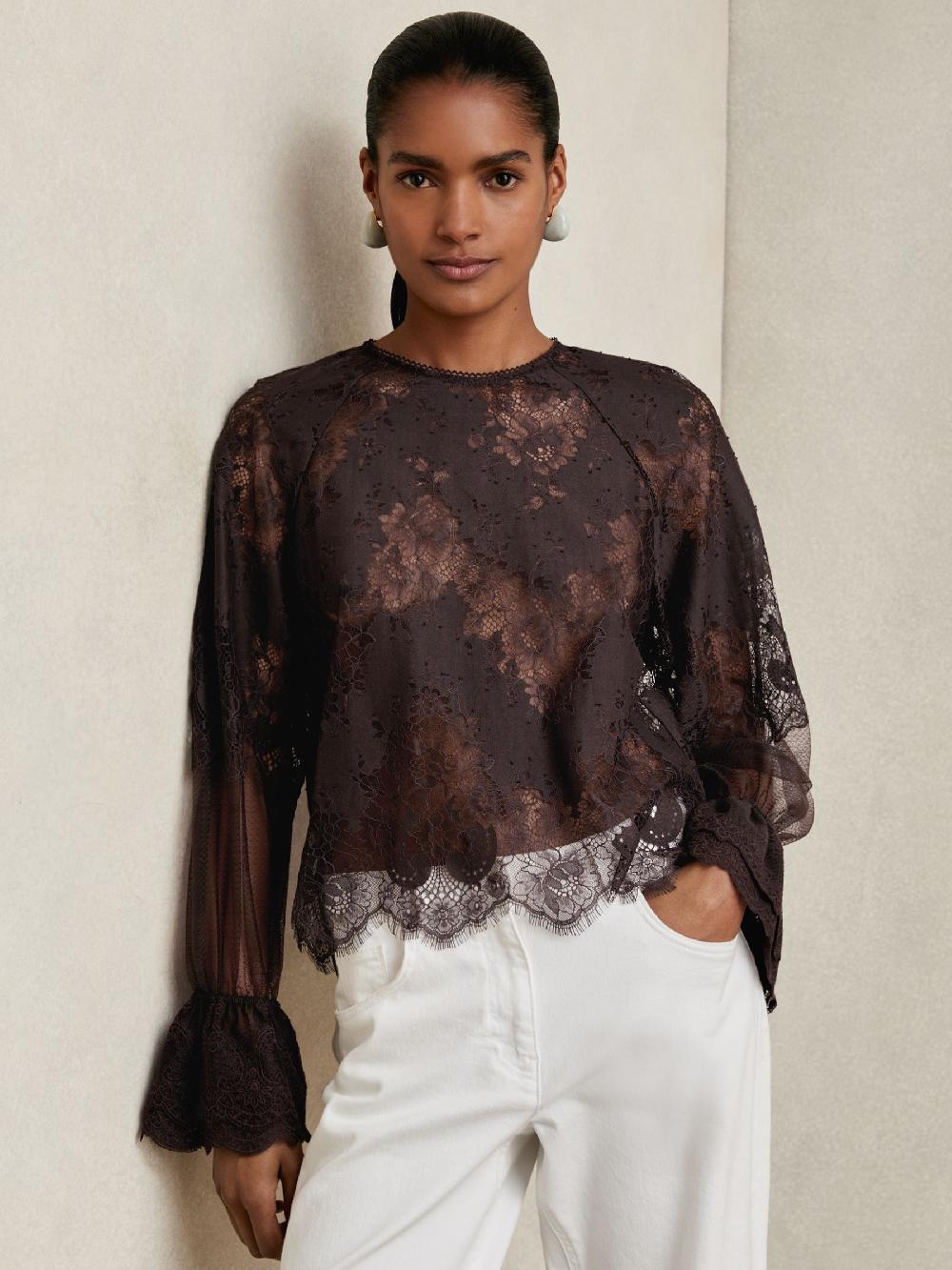 Reiss Lace Flared Cuff Blouse In Chocolate Brown