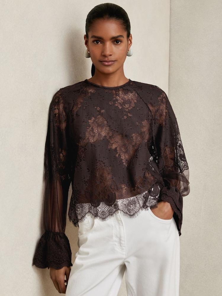 reiss Lace Flared Cuff Blouse in Chocolate Brown