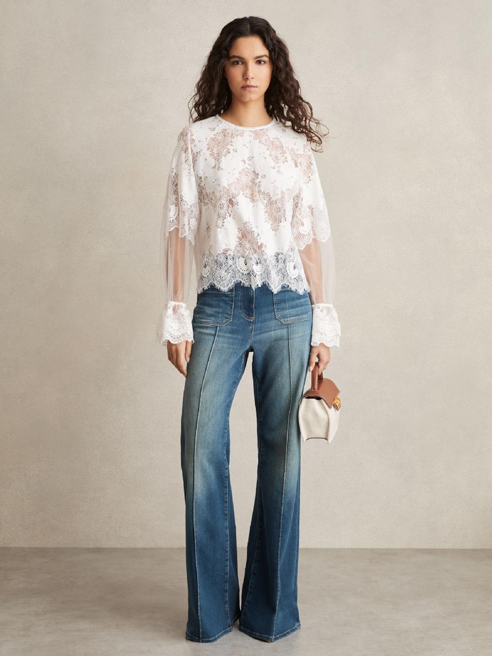 Reiss Lace Flared-Cuff Blouse In Ivory