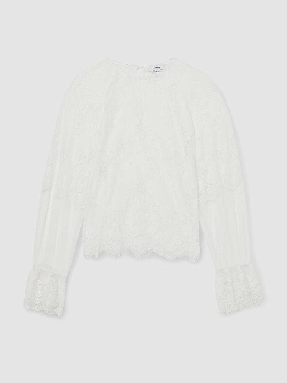 Reiss Lace Flared-Cuff Blouse In Ivory
