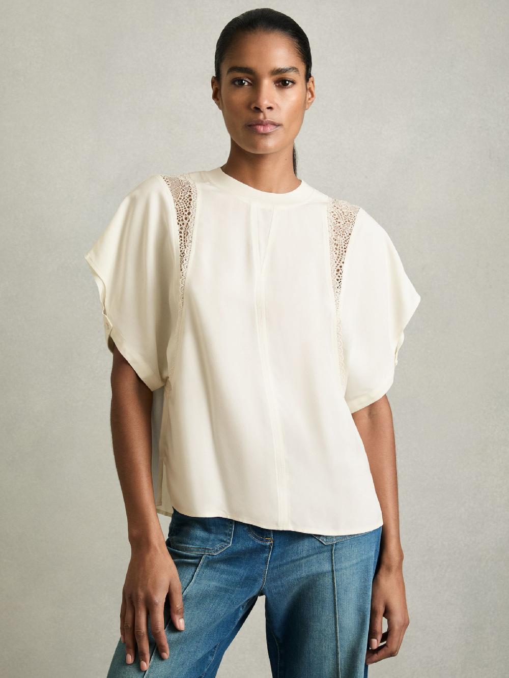 Reiss Lace-Insert T-Shirt In Cream