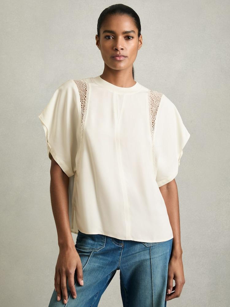 reiss Lace-Insert T-Shirt in Cream