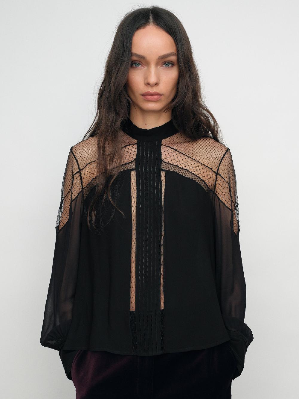 Reiss Lace-Insert Tie-Back Blouse In Black