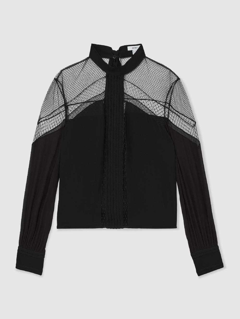 Reiss Lace-Insert Tie-Back Blouse In Black