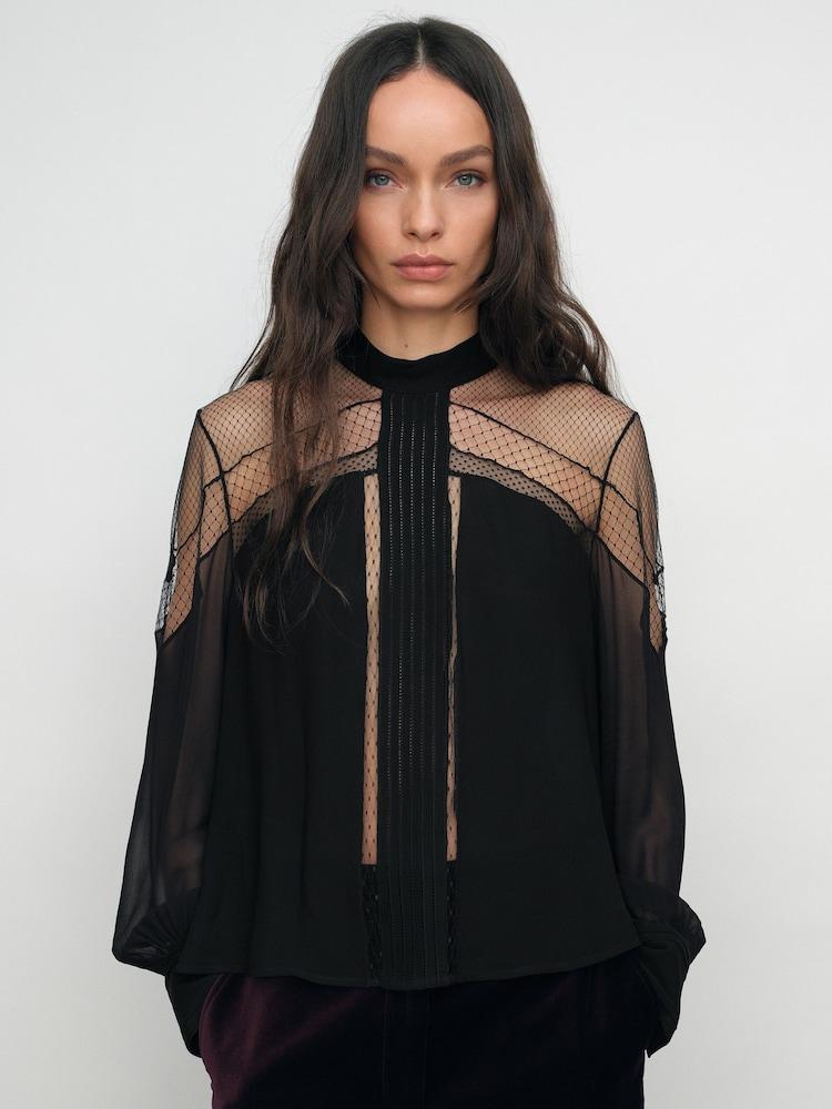 reiss Lace-Insert Tie-Back Blouse in Black