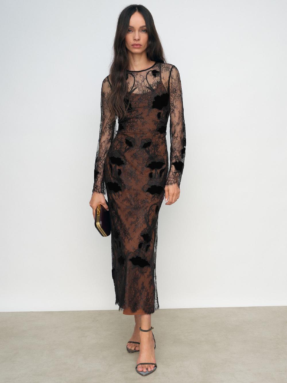 Reiss Lace Overlay Midi Dress In Black